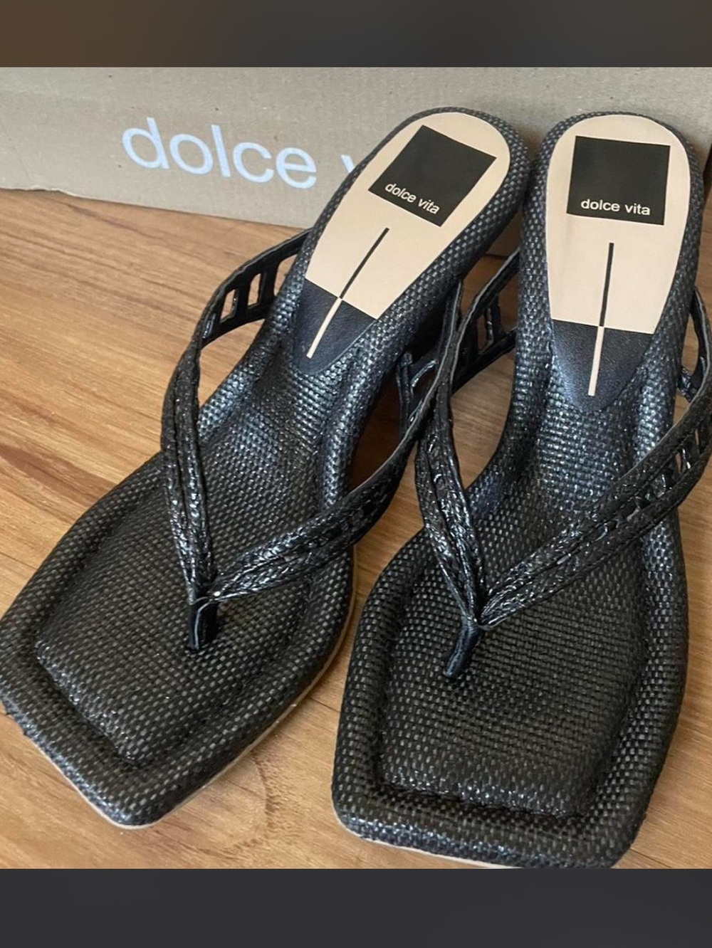Dolce Vita Black Woven Square-Toe Thong Sandals